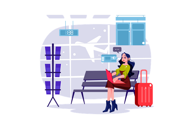 A woman buys plane tickets online to save money  イラスト