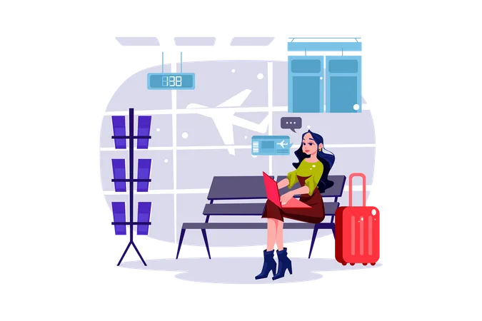 A woman buys plane tickets online to save money  イラスト