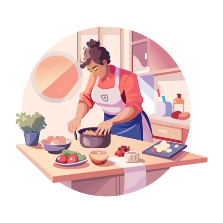 A woman cooking food in kitchen  Illustration