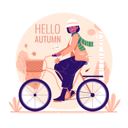 A woman cycling in the park in autumn  Illustration