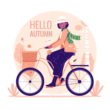A woman cycling in the park in autumn  Illustration