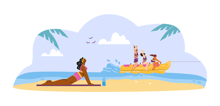 A woman does yoga on a sandy beach  Illustration