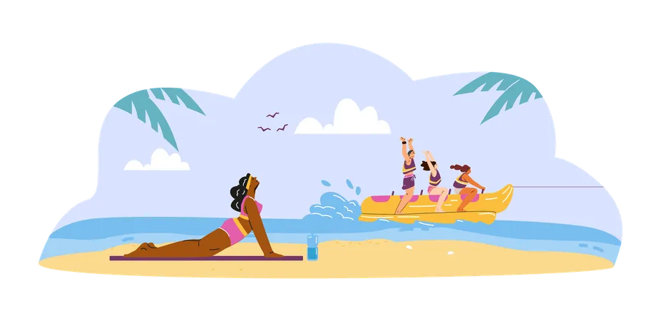 A woman does yoga on a sandy beach  Illustration