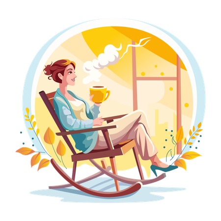 A woman drinking coffee on a rocking chair  Illustration