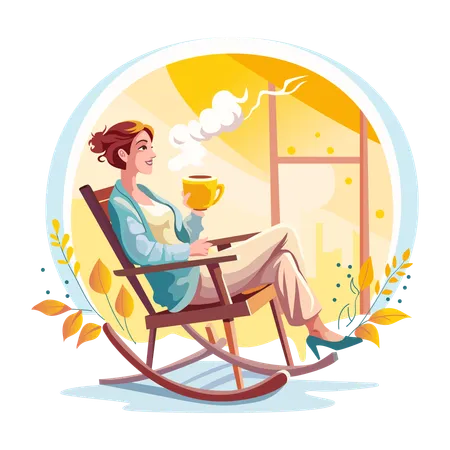 A woman drinking coffee on a rocking chair  Illustration