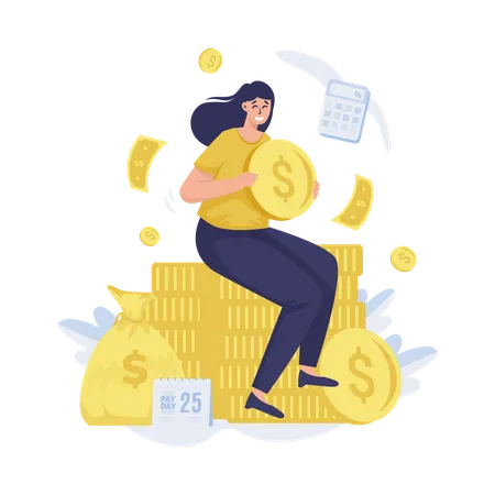 Happy Woman Earn Money Payday Vector Illustration Illustration