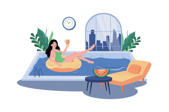 A woman enjoys a morning swim in the hotel pool during her vacation  Illustration