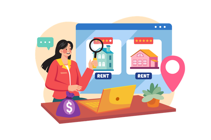 A woman finding a house for rent online Illustration