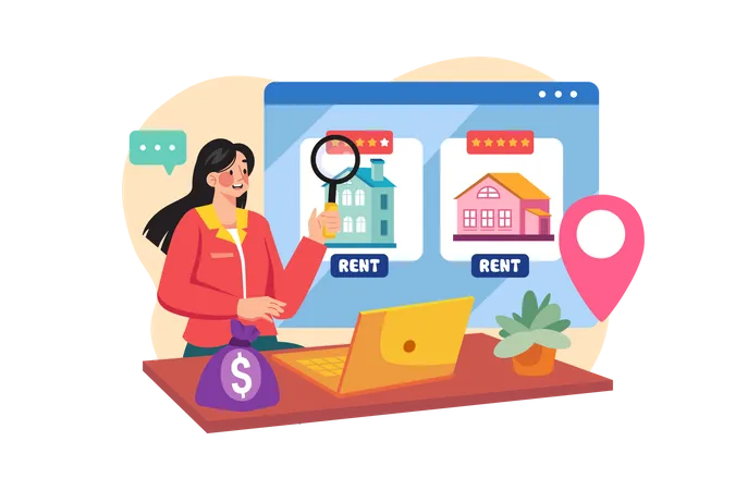 A woman finding a house for rent online Illustration