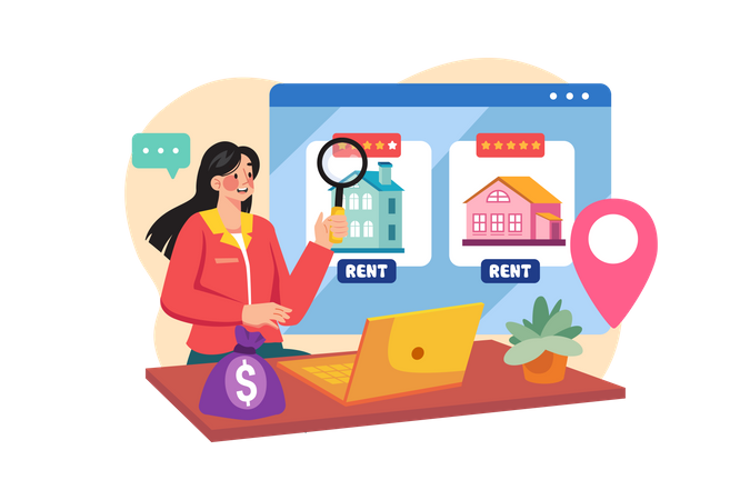 A woman finding a house for rent online  Illustration