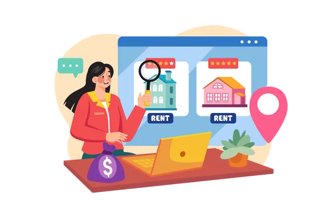 A woman finding a house for rent online  Illustration