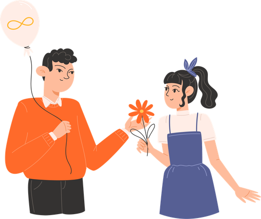 A woman gives a flower to a man holding a golden infinity balloon for Autism Awareness Day  Illustration