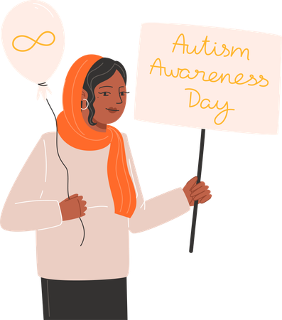 A woman holding a balloon and a gold infinity symbol poster for Autism Awareness Day  イラスト