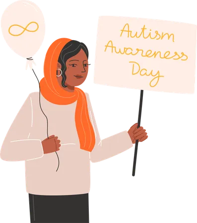 A woman holding a balloon and a gold infinity symbol poster for Autism Awareness Day  イラスト