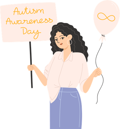 A woman holding a balloon and a gold infinity symbol poster for Autism Awareness Day  일러스트레이션