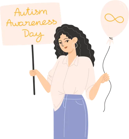 A woman holding a balloon and a gold infinity symbol poster for Autism Awareness Day  Illustration
