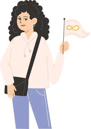 A woman holding a flag with a golden infinity symbol for Autism Awareness Day  Illustration