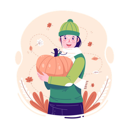 A woman holding a pumpkin in autumn  イラスト