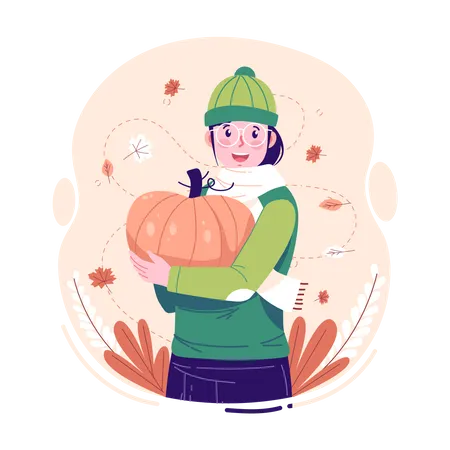 A Woman Holding A Pumpkin In Autumn イラスト