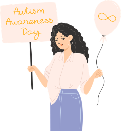 A woman holding a balloon and a gold infinity symbol poster for Autism Awareness Day  Illustration