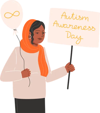 A woman holding a balloon and a gold infinity symbol poster for Autism Awareness Day  Illustration