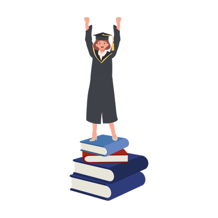 A woman in a graduation gown stands confidently on a stack of books with victorious in graduation.  Illustration