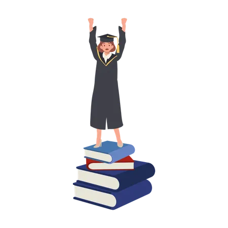 A woman in a graduation gown stands confidently on a stack of books with victorious in graduation.  Illustration