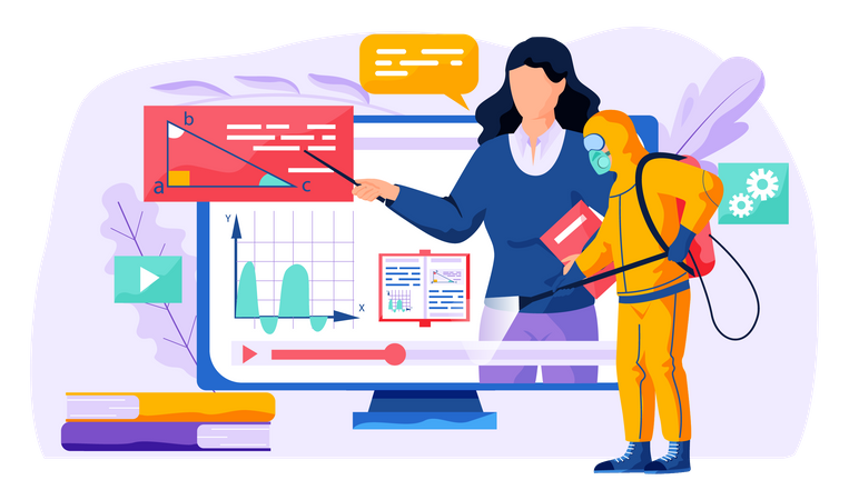 A woman leads a distance lesson algebra. A man from epidemiological service doing disinfection  Illustration