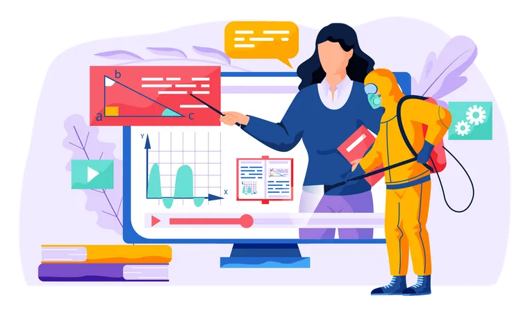 A woman leads a distance lesson algebra. A man from epidemiological service doing disinfection  Illustration