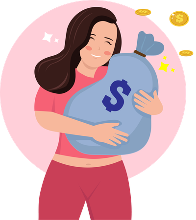 Woman lovingly hugs large wallet  Illustration