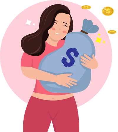 A Woman Lovingly Hugs A Large Wallet Vector Illustration Illustration