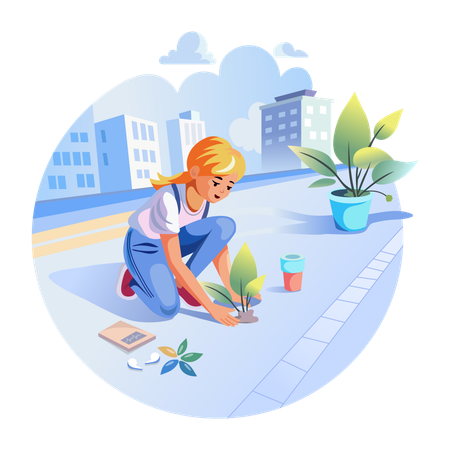 A woman planting plants on the roadside  Illustration