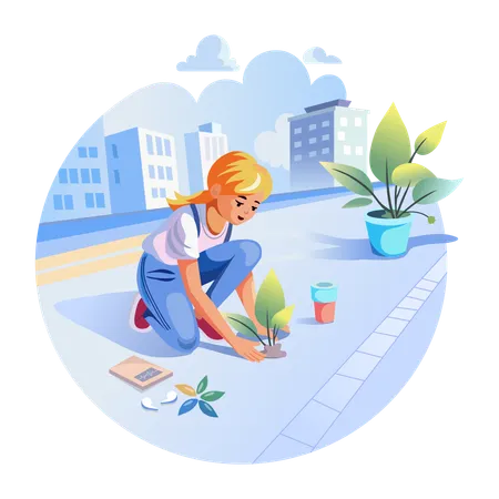 A woman planting plants on the roadside  Illustration