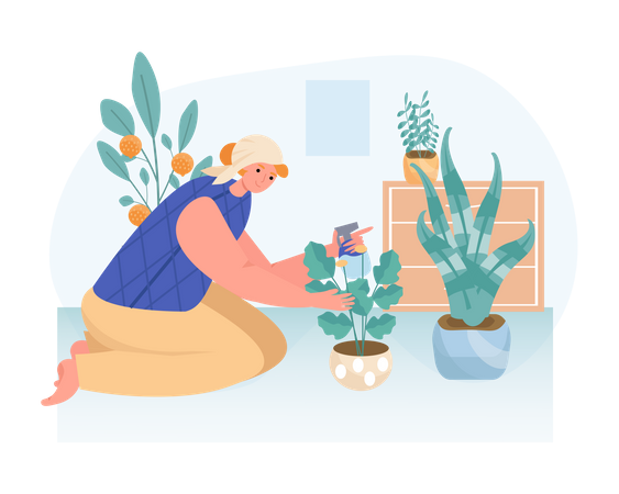 A woman planting a pot of flowers at home  Illustration