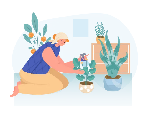 A woman planting a pot of flowers at home  Illustration