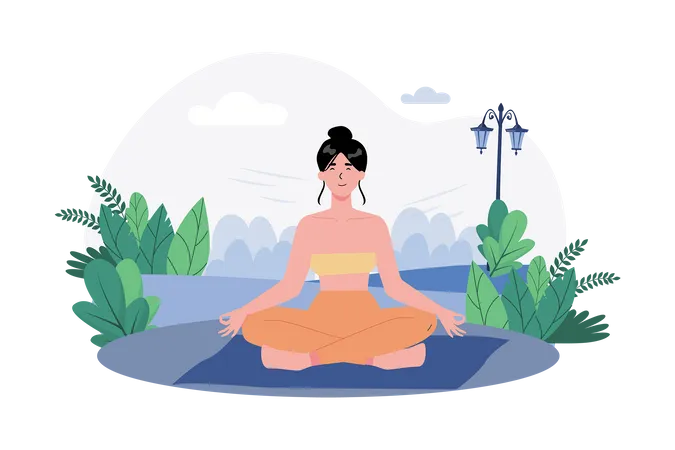 A woman practices meditation in a peaceful garden to begin her day with calmness  イラスト