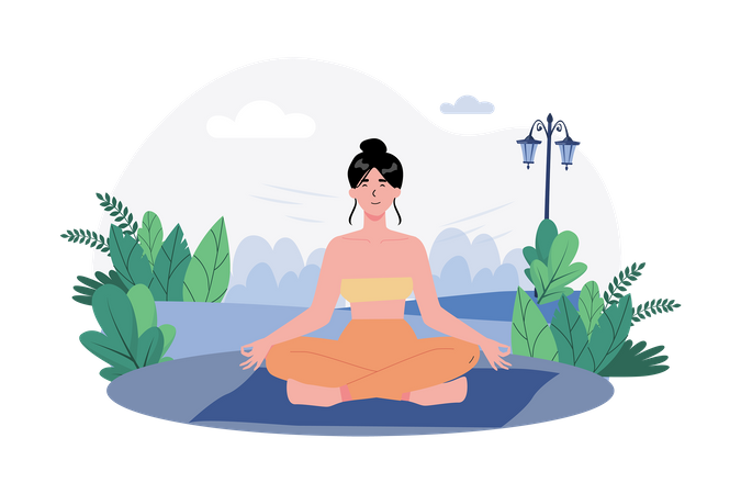 A woman practices meditation in a peaceful garden to begin her day with calmness  Illustration