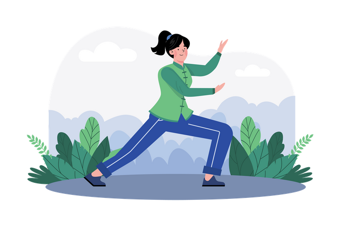 A woman practices tai chi in a serene garden for health and relaxation  イラスト