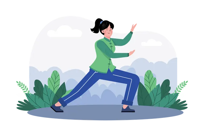 A woman practices tai chi in a serene garden for health and relaxation  Illustration
