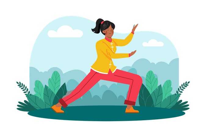 A woman practices tai chi in a serene garden for health and relaxation  Illustration