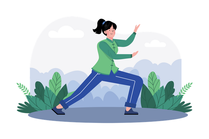 A woman practices tai chi in a serene garden for health and relaxation  Illustration