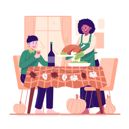 A woman preparing food in autumn  イラスト