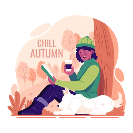 A woman reading book and drinking coffee in autumn  Illustration