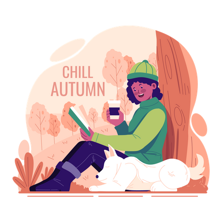 A woman reading book and drinking coffee in autumn  Illustration