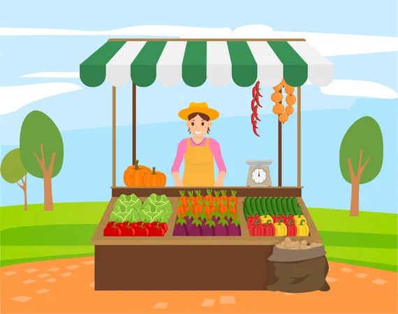 A woman sells vegetables in a vegetable shop at the market  Illustration