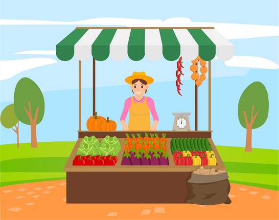 A woman sells vegetables in a vegetable shop at the market  Illustration
