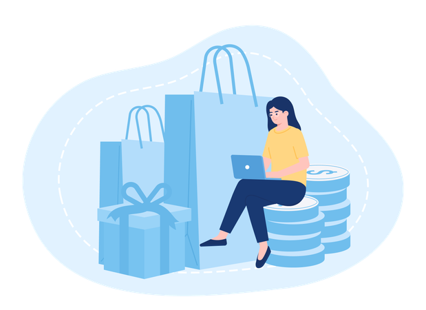 A woman sitting on a coin is shopping online  Illustration