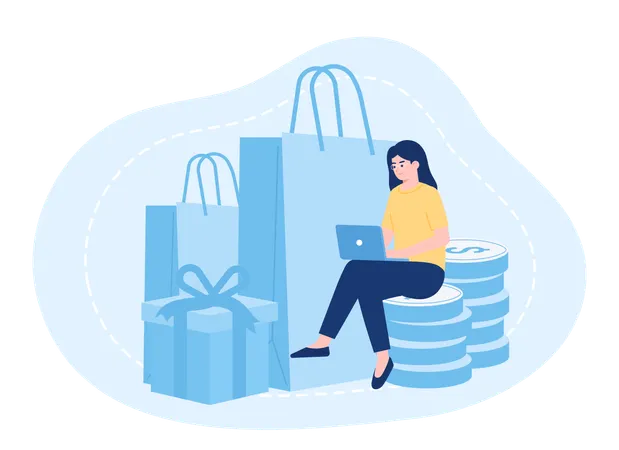 A woman sitting on a coin is shopping online  일러스트레이션