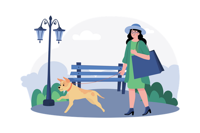 A woman takes her dog for a morning walk in the neighborhood park  Illustration