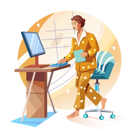 A woman use working monitor in home  Illustration